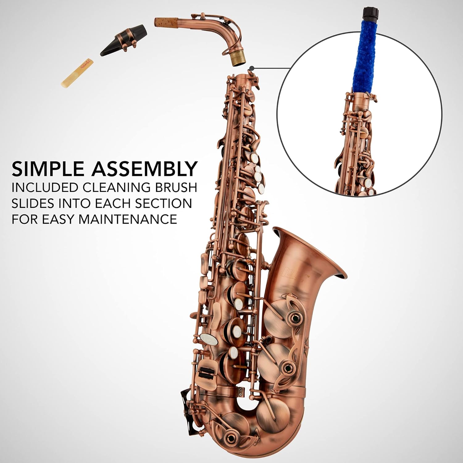 LyxJam Alto Saxophone E Flat Brass Sax Kit, Professional Sound, Complete Accessories, Ideal for All Players, Includes Hard Case, 10 Extra Reeds, Strap, Gloves, Cleaning Kit & More, Antique Red Finish