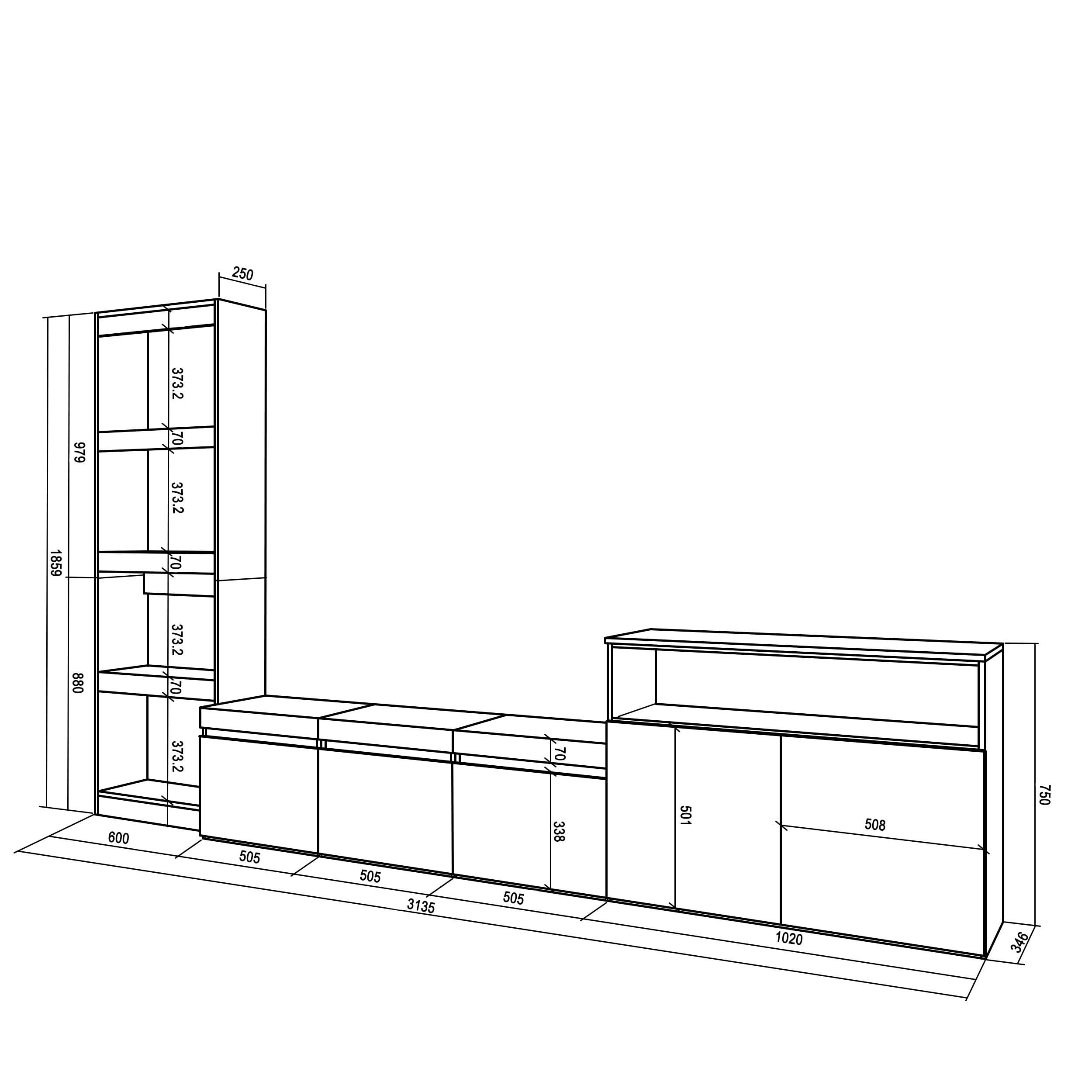 Skraut Home | Ensemble Meuble TV | Meuble Salon Complet | 310x186x35cm | pour Les TV jusqu'à 65" | Salon Complet | Style Moderne | Chêne et Noir