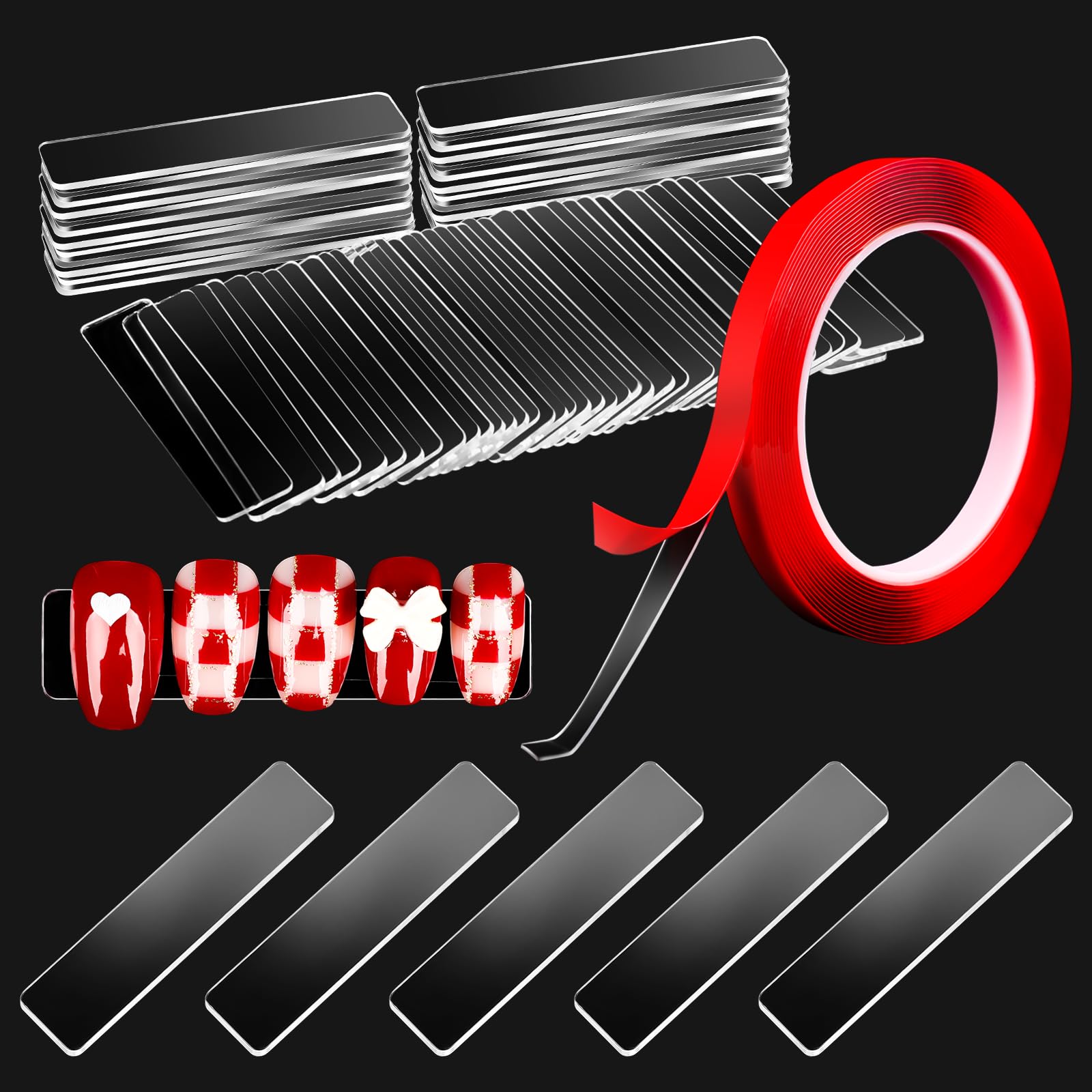 Photo 1 of 100Pieces Transparent Nail Display Stand Holder with 9.8ft Double Sided Tape Nail Boxes Packaging for Press On Nail Art Acrylic Fake Nail Tips Display Stand with Removable Mounting Tape for Nail Salon