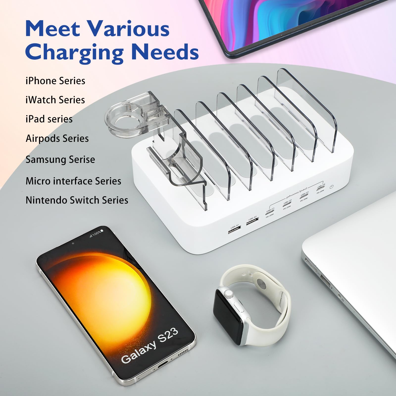 Stazione di ricarica USB C per dispositivi Apple, 100 W 4 PD e 2 USB caricabatterie famiglia per più dispositivi Apple iPad, iPhone 15/14/13/12/11 iPad e Android Phone e tablet, stazione