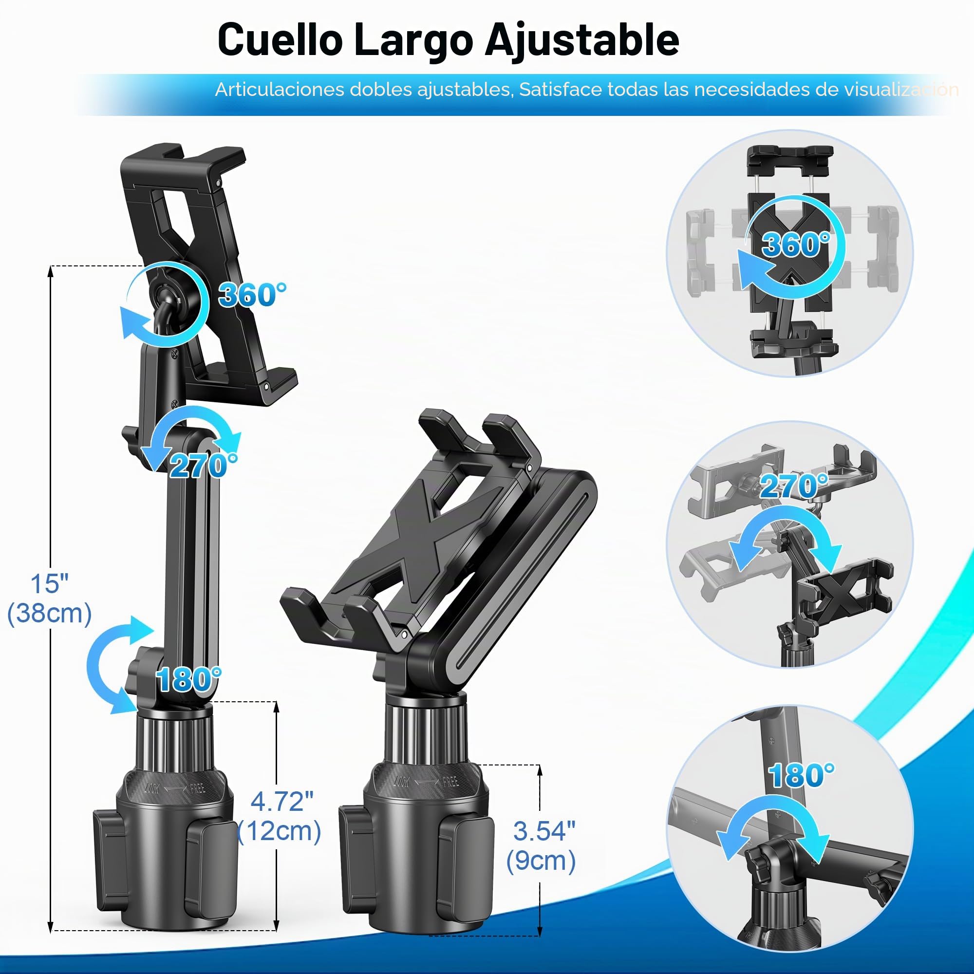 Soporte para Coche y Tablet, Soporte para iPad con Brazo Ajustable de 15 Pulgadas para Tablet, iPhone 4.7 a 13 Pulgadas, iPad Pro Air Mini, Fire, iPhone 16 15, Galaxy S25 S24 Z Fold 6 5