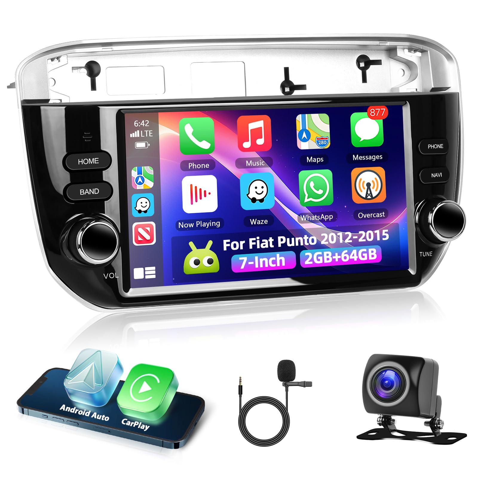 Carplay Autoradio per Fiat Punto 2012-2015 con Wireless Android Auto 2G+64G, Bluetooth Car Stereo Schermo con GPS Navigation 5G WiFi RDS/FM SWC USB Mirror Link +Canbus+AHD/CVBS Telecamera