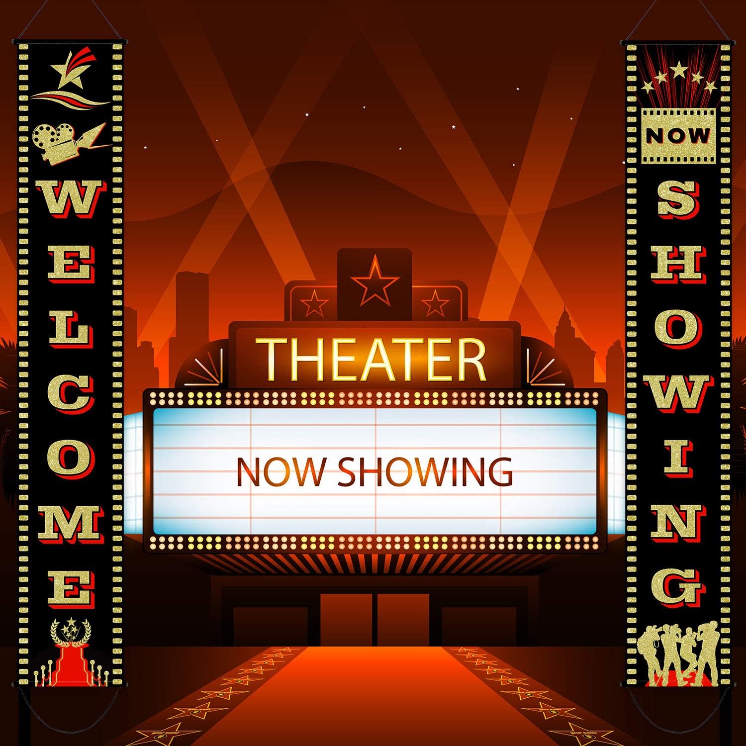 Blulu 2 Pieces Movie Night Banner Porch Sign Banner Movie Night Decoration Set for Theme Party Supplies Birthday Favors Film Party Decorations