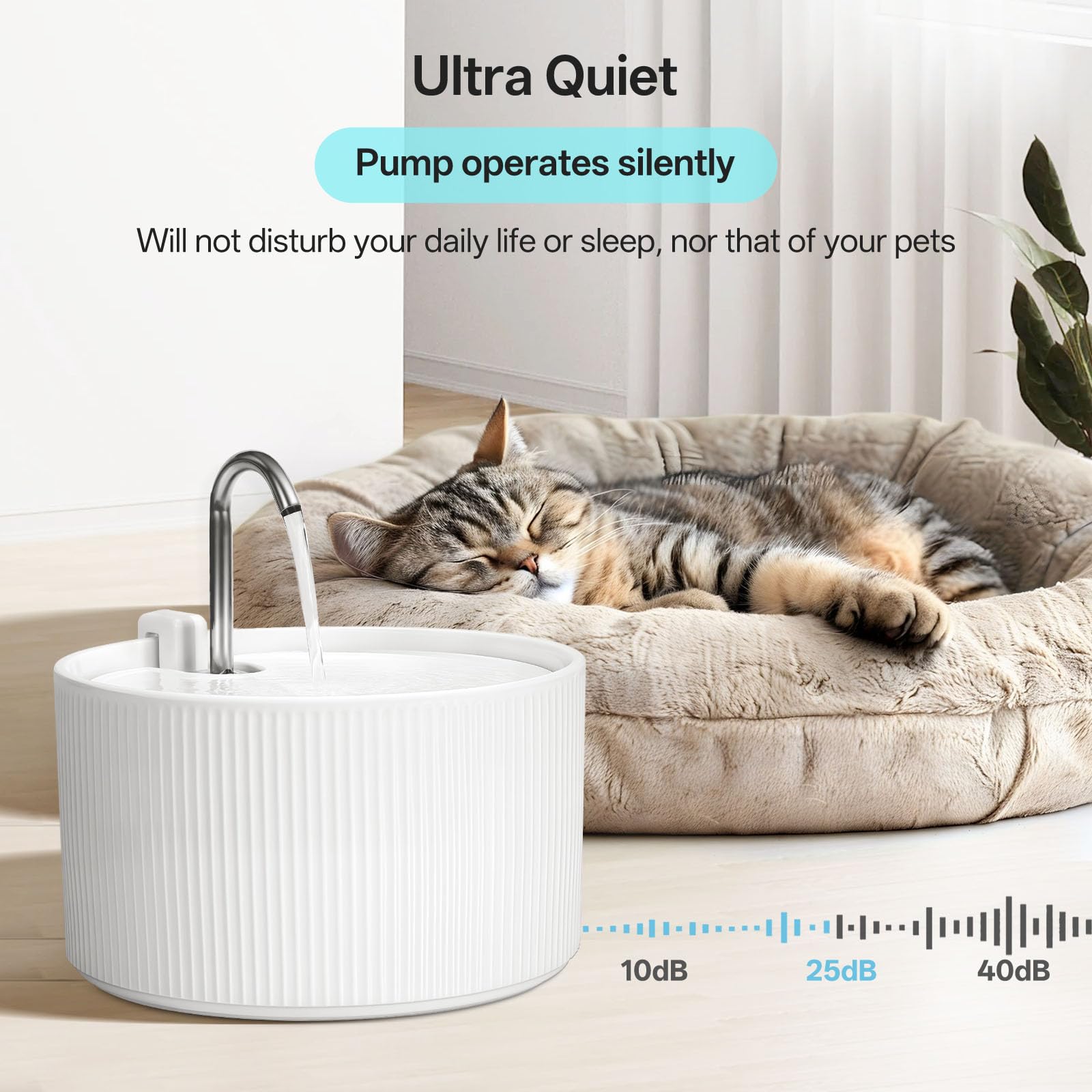 Fuente para gatos de cerámica, 2,2 L, dispensador de agua súper silencioso para mascotas, con filtro de carbón activo, cerámica quemada a altas temperaturas, materiales limpios y seguros