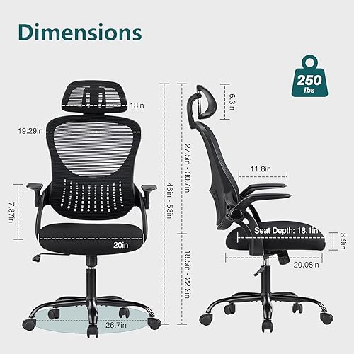 Miniatura 3 de NEWBULIG Silla ergonómica de escritorio de oficina, respaldo alto, malla para tareas de computadora con cómodo soporte lumbar, reposacabezas