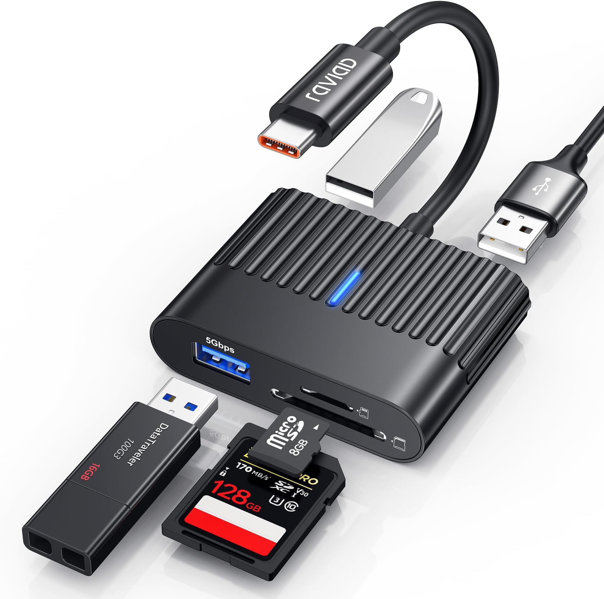 RAVIAD Lettore Di Schede USB-C 5 In 1 – Porte SD/TF, USB 3.0 E USB 2.0 Per IPhone 15, MacBook E Galaxy S24