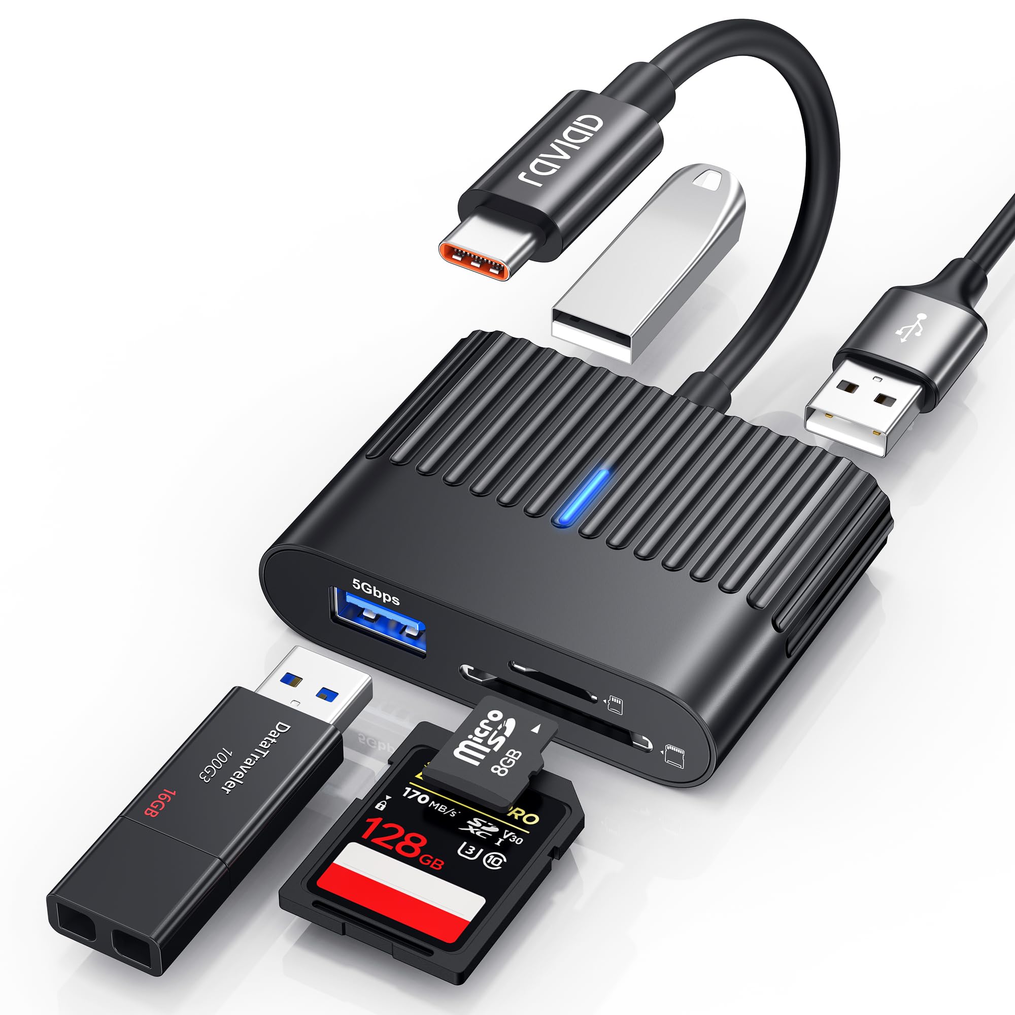 RAVIAD SD-kaartlezer USB C, 5-in-1 kaartlezer met USB 3.0-poort, SD, TF RAVIAD SD-kaartlezer USB C, 5-in-1 kaartlezer met USB 3.0-poort, SD, TF