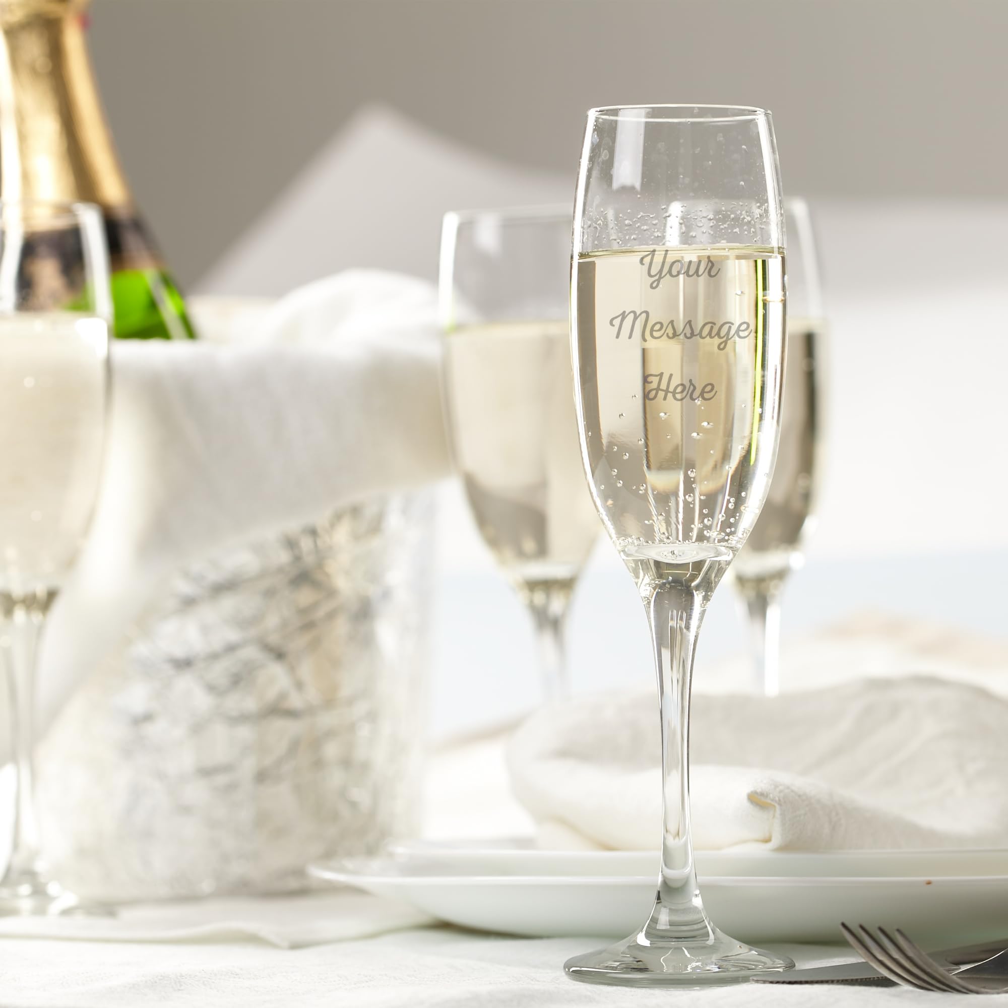 So Bespoke Engraved Custom Wedding Champagne Glasses | Personalised Prosecco Flutes for Wedding Day or Engagement (Style W9)