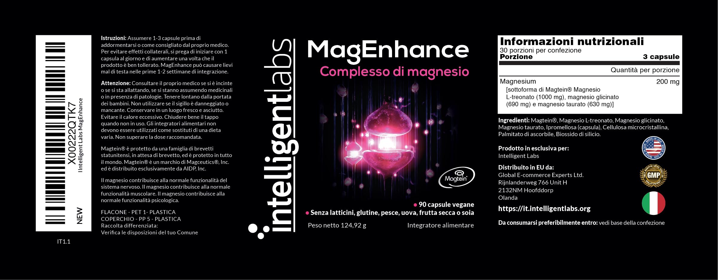Magenhance Treonato Magtein®, Complesso Di Magnesio L Treonato Con Magnesio Glicinato E Taurato, 90 Capsule Di Intelligent Labs