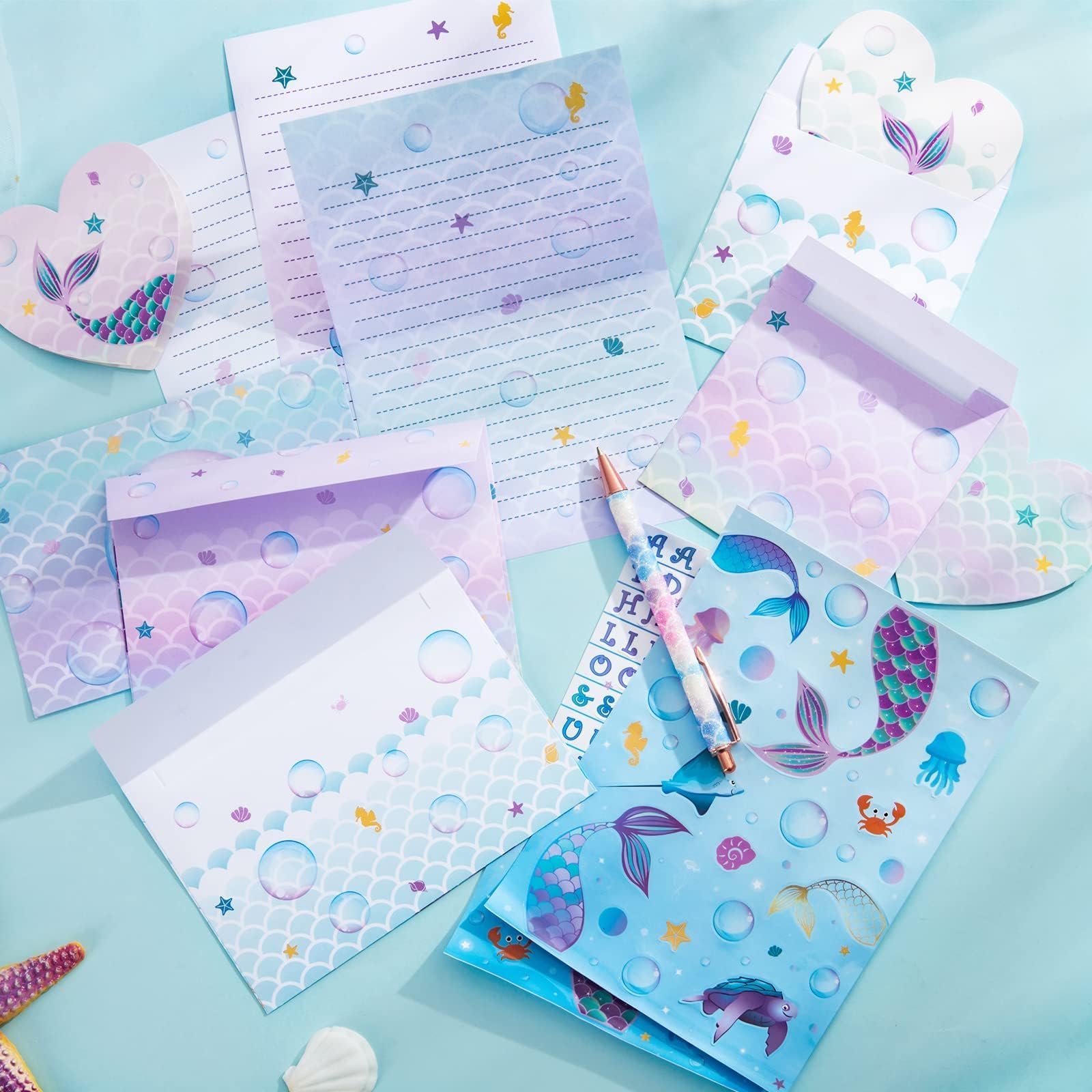 WERNNSAI Sirène Papier de Papeterie 71 PCS Enveloppes Cartes Autocollants Boite Cadeau