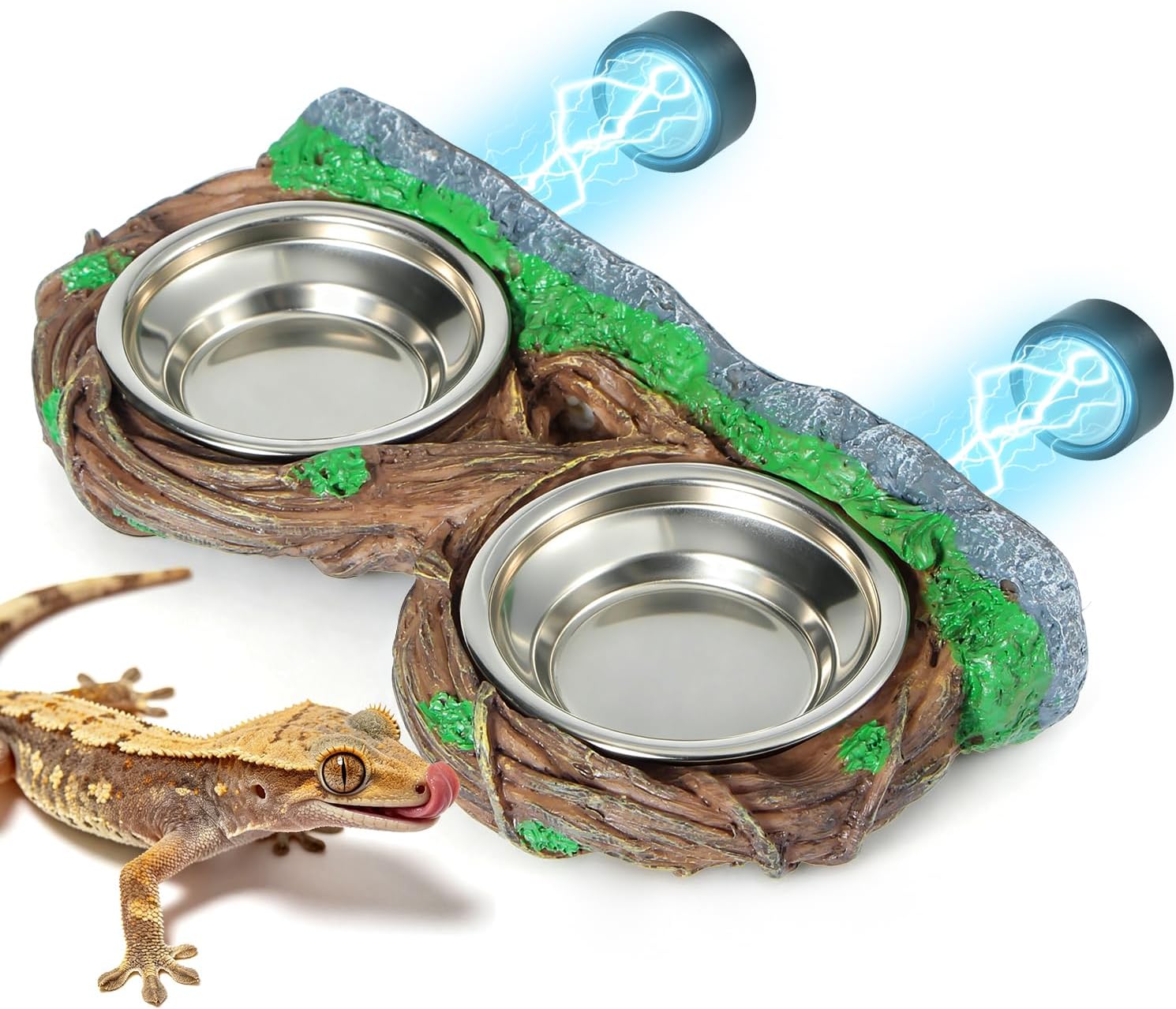 Magnetic Gecko Feeding Ledge with 2PCS Cups | Resin Material, Stainless Steel Feeder Bowls, for Crested Geckos & Arboreal Reptiles
