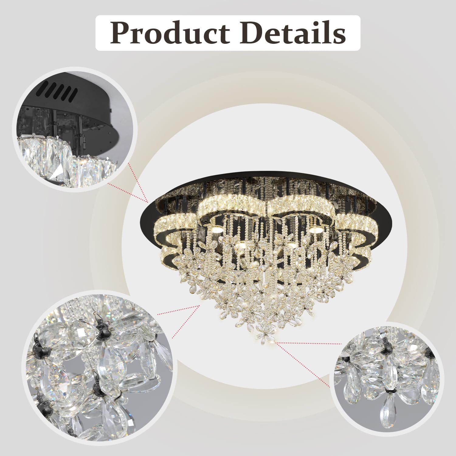 Flashing God Dia 40“ Modern Chandelier for Living Room Crystal Chandeliers Black Flush Mount Ceiling Light Fixture for Dining Room Living Room Bedroom Hallway LED Dimmable 2700k 4500k 6000k