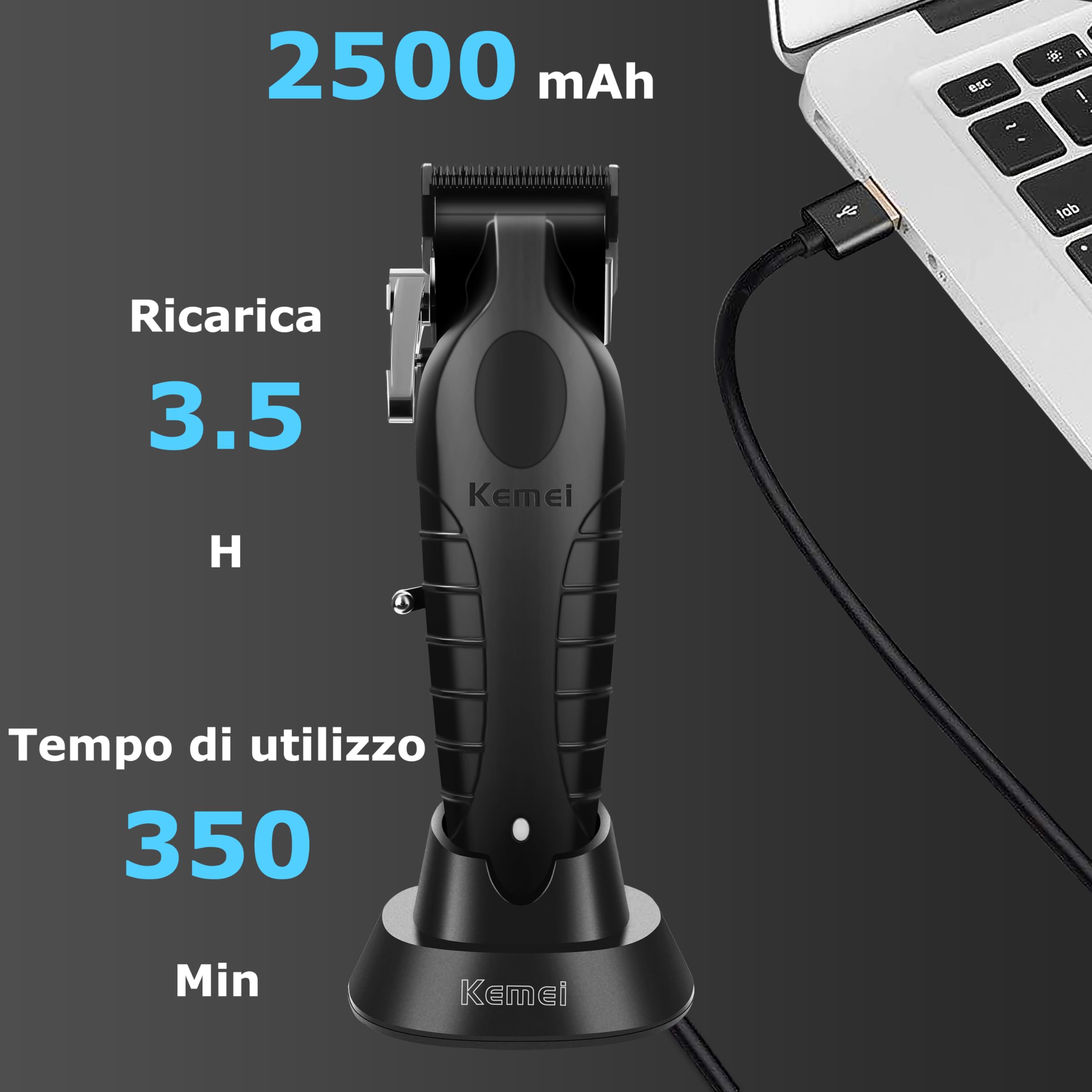 KEMEI 2296 - Tagliacapelli professionale da uomo, kit per tagliare i capelli e la barba, tagliacapelli a T Blade con USB ricaricabile, nero