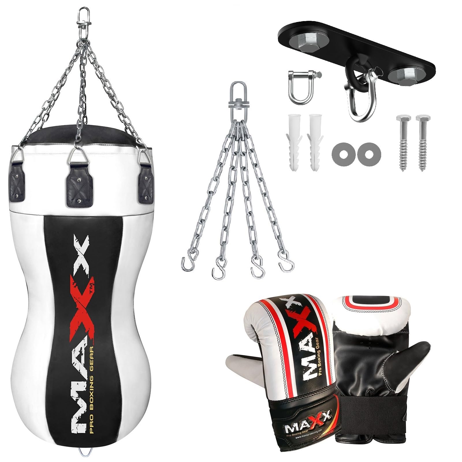 Maxx Black/White Heavy Duty Punch Bags - Uppercut, Triple, Angle, Wrecking & More (BODY BAG, BAG WITH HOOK+MITTS)