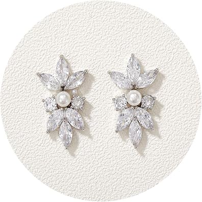 SWEETV Marquise Cubic Zirconia Wedding Bridal Stud Earrings for Brides Bridesmaids, Crystal Pearl Rhinestone Stud Earrings for Women Prom Party Jewelry Gifts