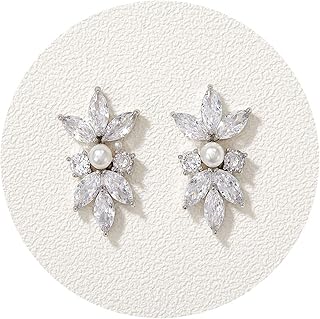 Marquise Cubic Zirconia Wedding Bridal Stud Earrings for Brides Bridesmaids, Crystal Pearl Rhinestone Stud Earrings for Women Prom Party Jewelry Gifts