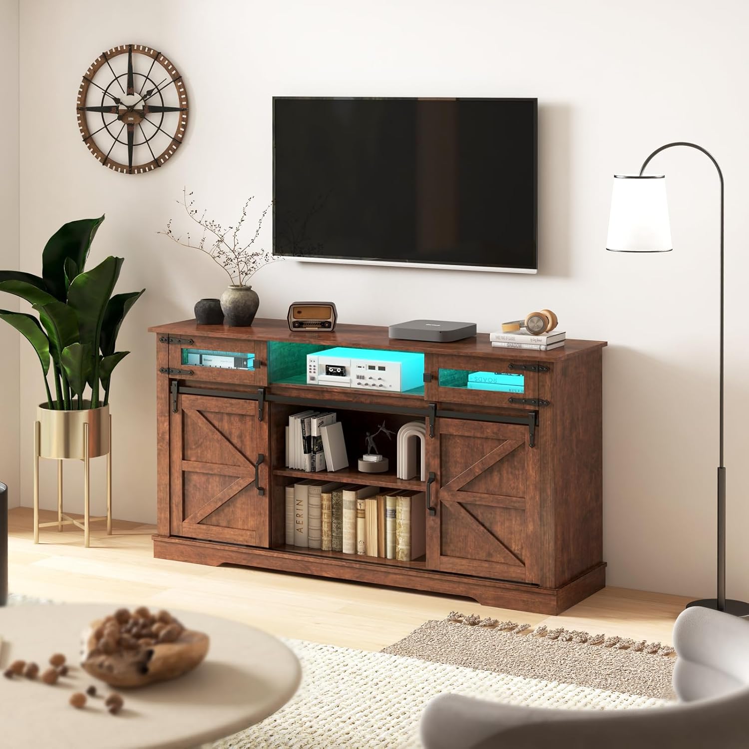 Livofloral Farmhouse TV Stand with LED Lights for 65+ Inch TV, 33" Tall Entertainment Center with Storage Cabinet & Sliding Barn Doors, Media Console Cabinet with Open Storage Shelves for Living Room