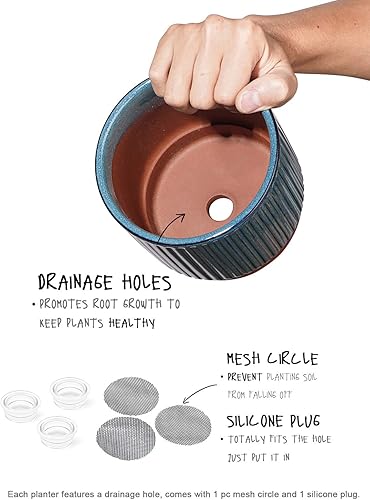 Miniatura 2 de LE TAUCI Macetas de cerámica con agujeros de drenaje, juego de 3, macetas de jardín a rayas de 8 + 6.5 + 5.5 pulgadas para plantas de interior y