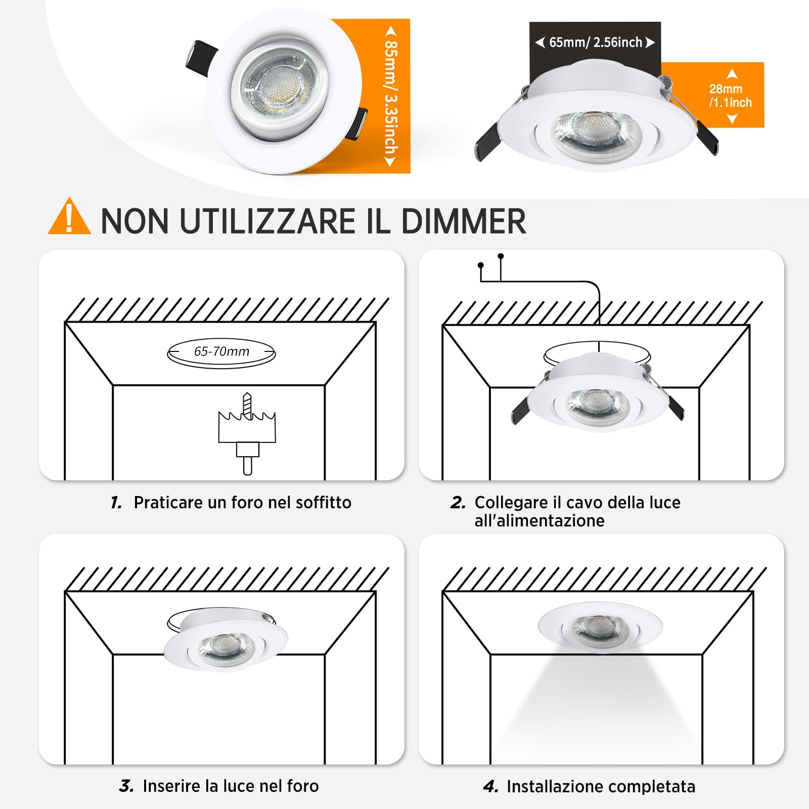 wowatt Set da 10 Faretti LED da Incasso per Cartongesso Dimmerabili 7W | 700LM Luce Bianco Caldo 2800K Faretti LED Soffitto Incasso Metallo, IP44 Faretto 230V Ultrasottili, Diametro Foro 68-75mm