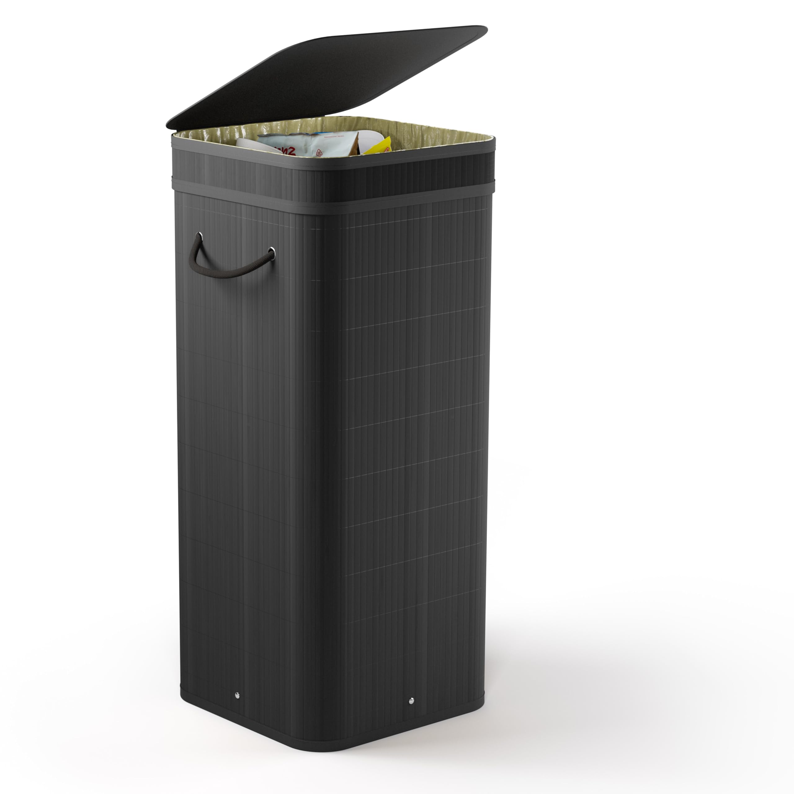 NewHabitat Gelber Sack Ständer aus Bambus I 80L Gelber Sack Behälter mit geruchsdichtem Deckel I Stabiler & Nachhaltiger Mülleimer Holz für Gelbe Säcke I Einfacher Aufbau, Schlichtes Design (Schwarz)