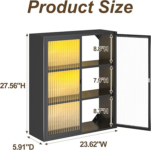 Miniatura 3 de Armario de pared de baño con puertas de cristal, botiquín de metal con luz LED, armario de almacenamiento sobre el inodoro para lavandería, cocina,