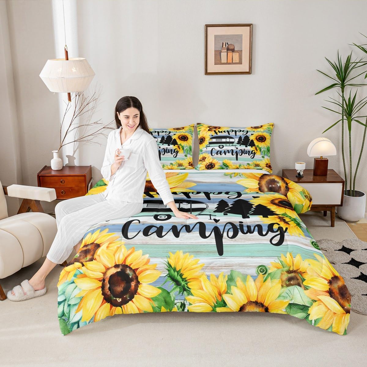 Wohnmobil-Anhänger, Camping-Bettdecke, Queen-Size-Größe, Landhaus-Schwarz, Sonnenblumen-Bettwäsche, 3-teiliges Set für Kinder, Jugendliche, Erwachsene, Abenteuer-Bettdeckenbezug, 2 Kissenbezüge Küche, Haushalt & Wohnen