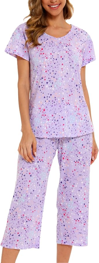 ENJOYNIGHT Women's Pyjama Sets Cotton Pjs Set Short Sleeve Tops with Capri Pants Nightwear Loungewear