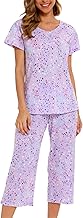 ENJOYNIGHT Women's Pyjama Sets Cotton Pjs Set Short Sleeve Tops with Capri Pants Nightwear Loungewear