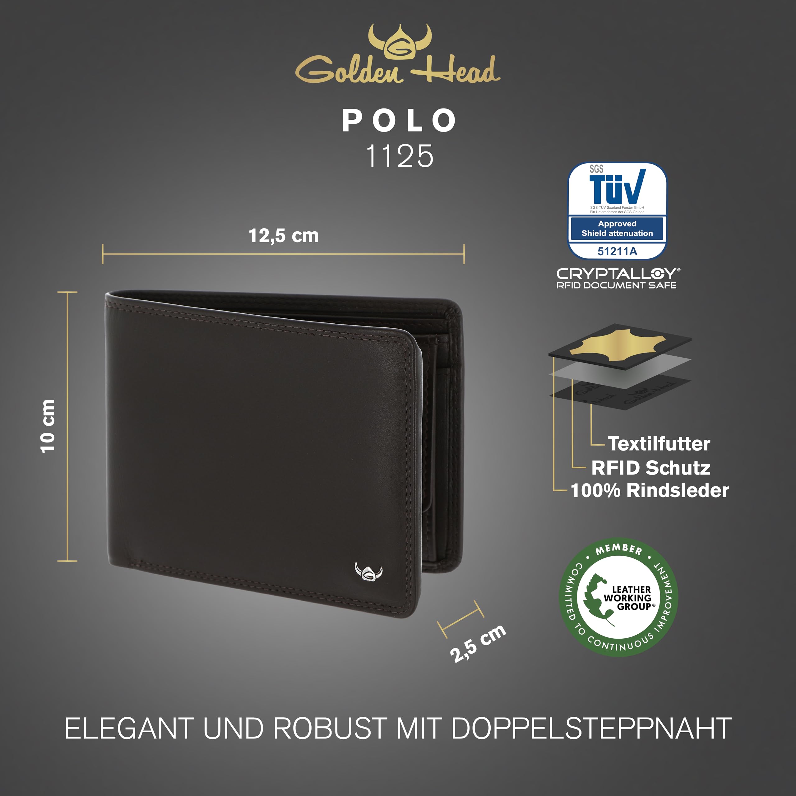 Golden Head Polo RFID Protect pokrowiec na banknoty 1125, ciemnobrązowy, Einheitsgröße, Elegancki i ponadczasowy