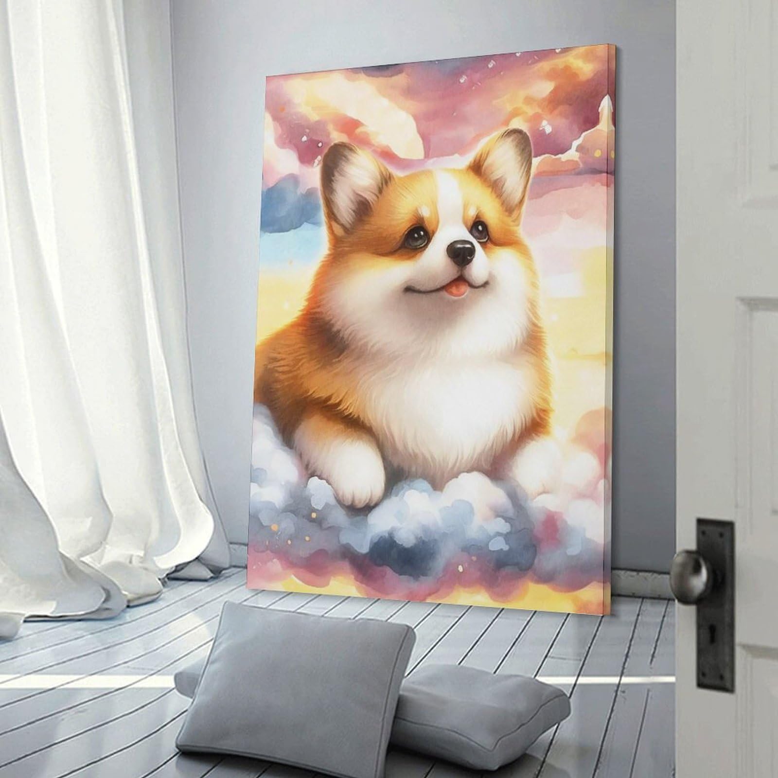 Junmoney Frame-Corgi In The Clouds Decorative Wall Artwork Corgi In The Clouds, 24X36inch(60X90cm), For Lounge, Bedroom Or Personal Spaces, Thoughtful Wall Decor For Art Lovers
