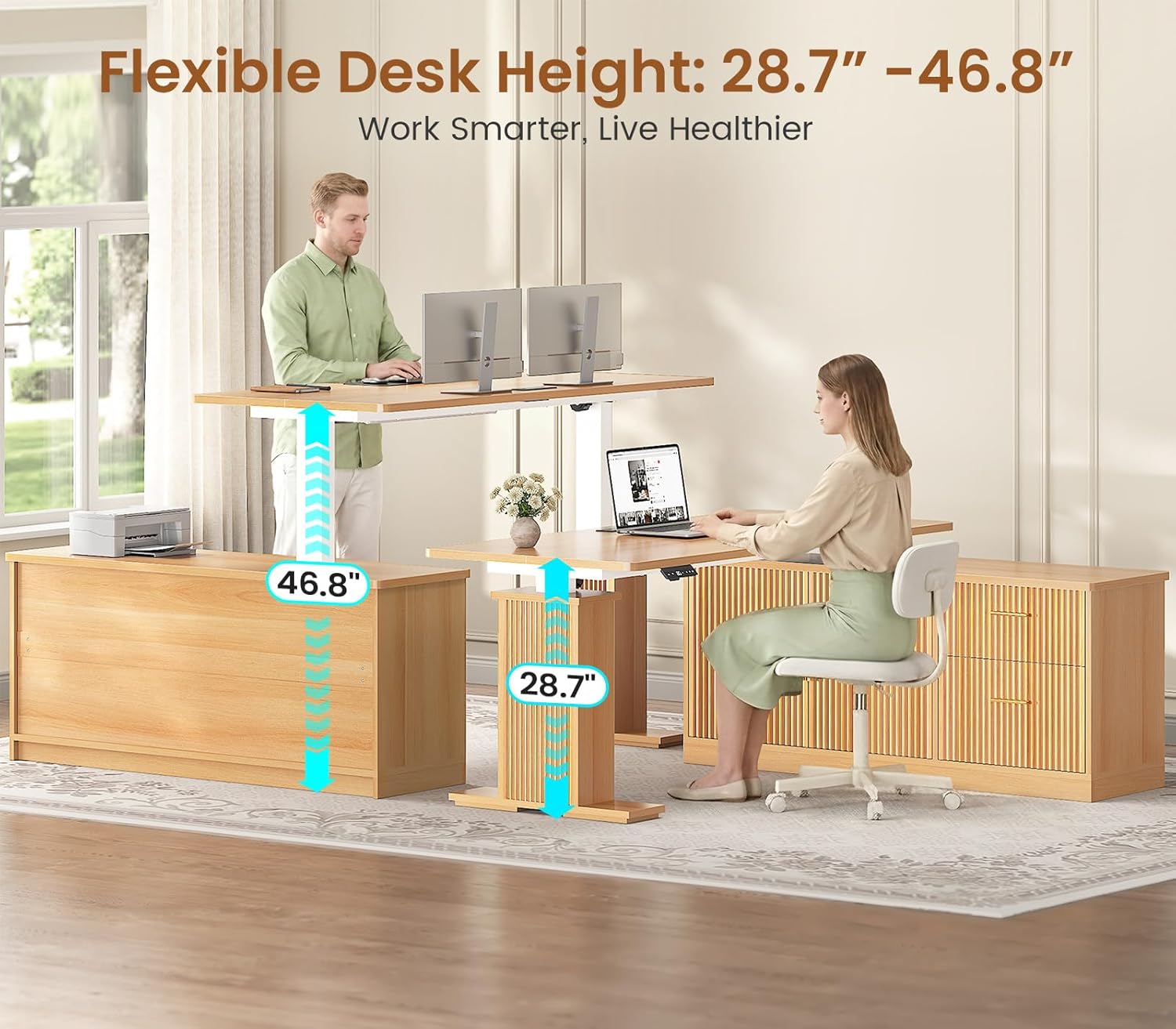 Image showing a person standing and sitting at the SEDETA L Shaped Electric Standing Desk, illustrating the flexible height adjustment range from 28.7 to 46.8 inches.