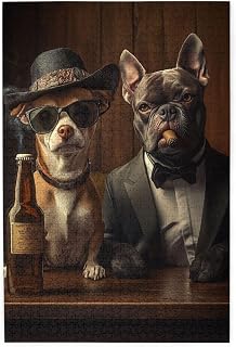 Gentleman Dog in The Bar 1000-Piece Wooden Jigsaw Puzzle，Cigars and Wine Bottles，Whimsical Country Bar Scene，Jigsaw for Adults to Kill Time，Party Events to Bring People Closer Together