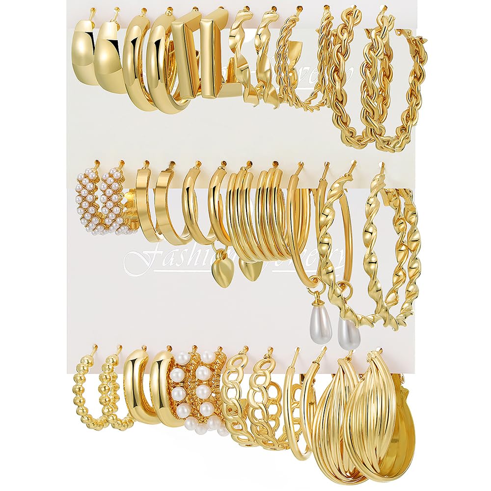 KISS WIFEGold Chunky Earrings for Women, Hypoallergenic Lightweight Hoops, Pearl Stud Twist Heart Round Dangle Earring Packs Jewelry Gifts for Women