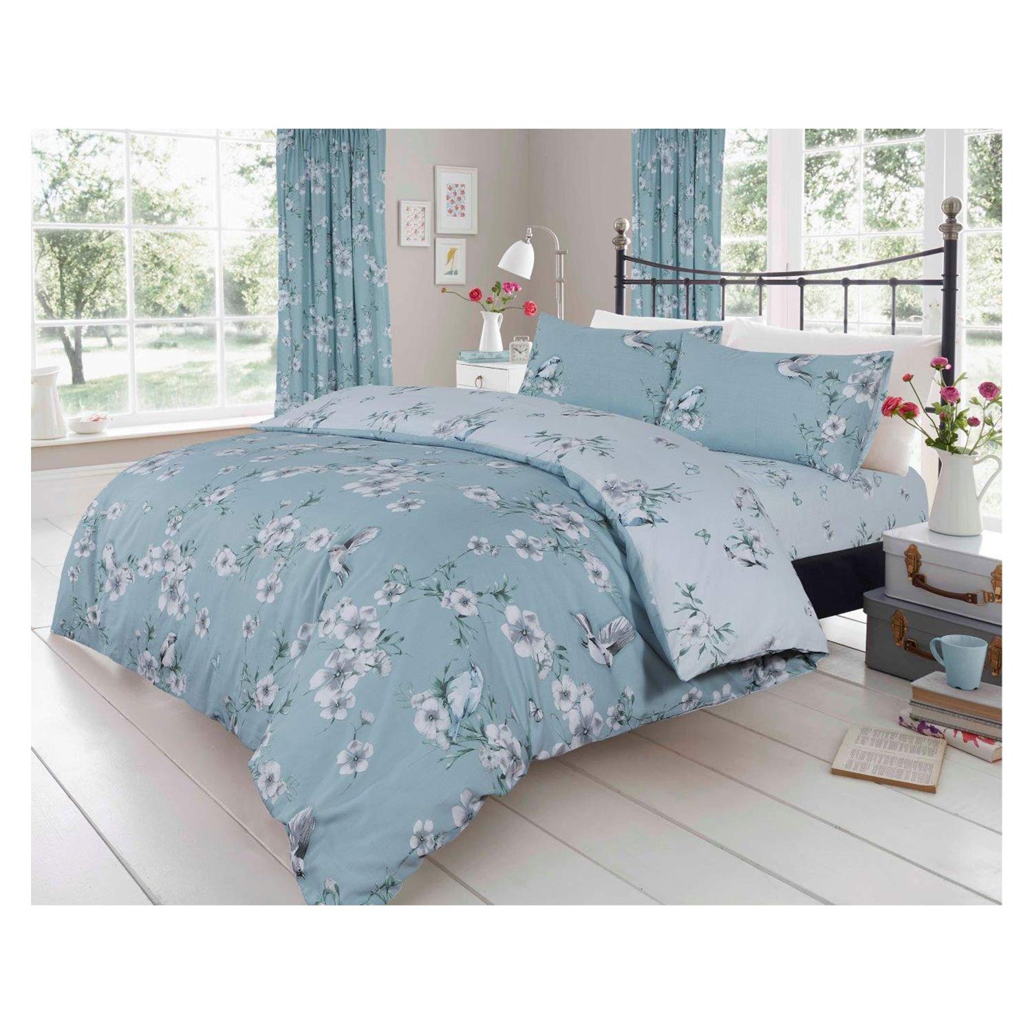 FAIRWAYUK Floral Duvet Cover Set, Reversible Bedding Double Bed Size With Pillowcase, Ultra Soft Easy Care, Duck Egg Quilt Covers, 3 Pieces Hypoallergenic, 200x200cm