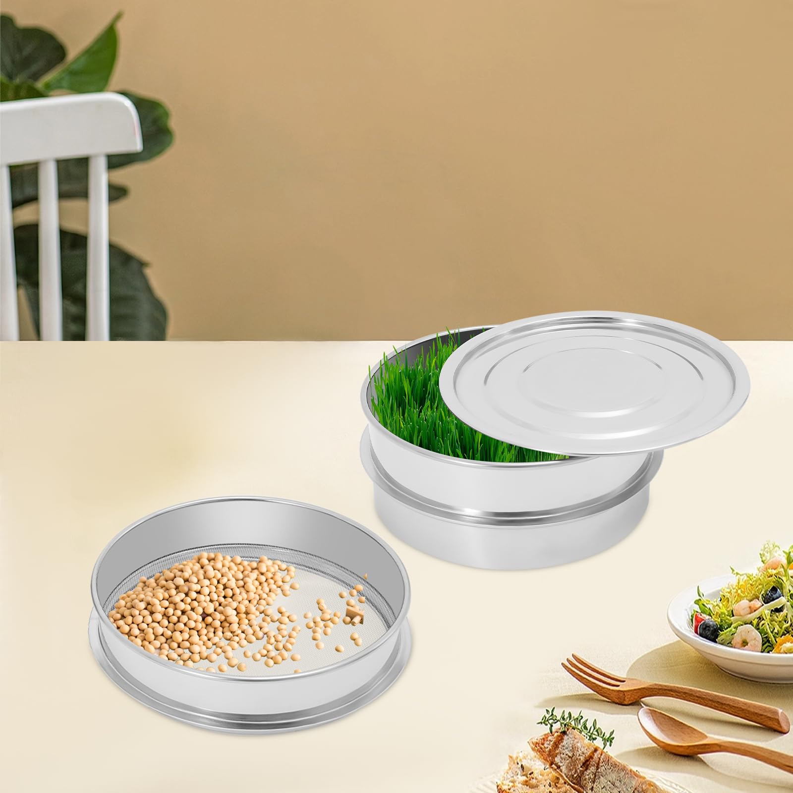 Plateau à graines en acier inoxydable 304 de 20 cm avec filet, kit de culture de germes, en acier inoxydable 304 de qualité alimentaire