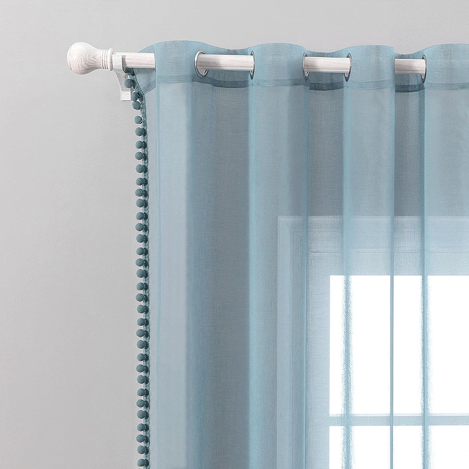 MIULEE Pom Pom Tasseled Sheer Window Curtains Grommet Top for Bedroom Semi Transparent Linen Look Curtain Panels for Light Filtering W 54 x L 90 Inches 2 PCs Dusty Blue