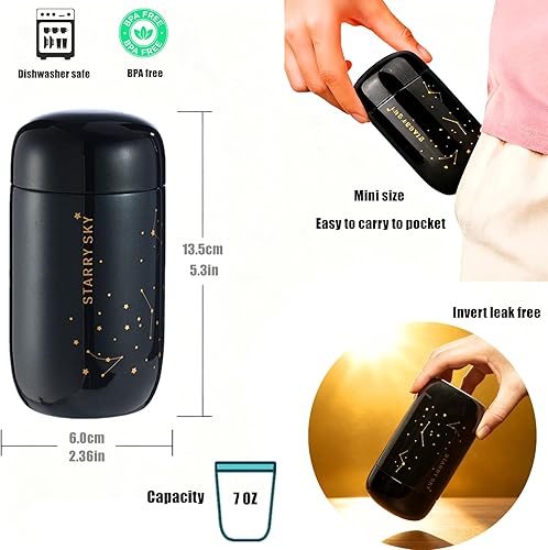 Miniatura 6 de Mini botella de agua térmica con cielo estrellado, 7 onzas, de acero inoxidable, con aislamiento al vacío, botella con bolsillo para amantes (negro)