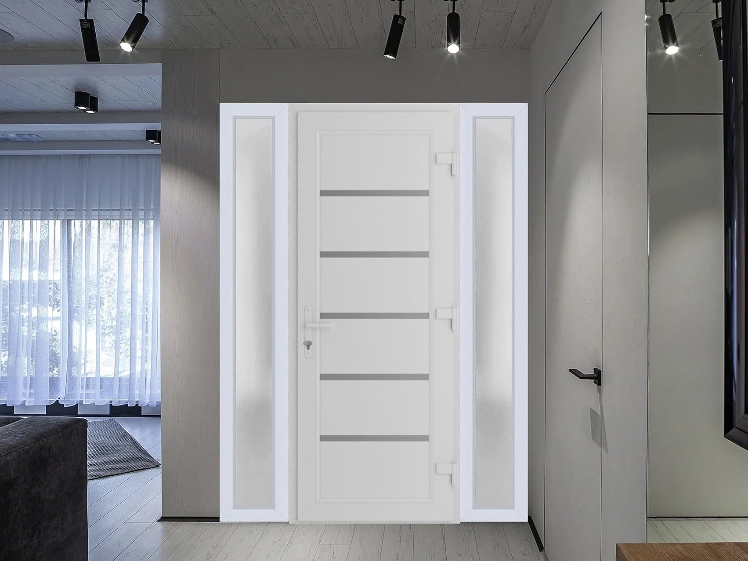 VDOMDOORS Front Exterior Prehung Metal-Plastic Door | Manux 8415 White Silk | 2 Side Sidelite Transoms | Residential Doors Entrance Patio Garage 60 x 80 (W12+36+12 x H80) Left-Inswing
