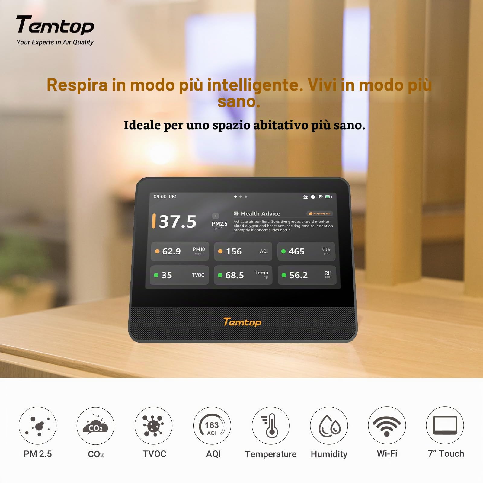 Temtop Monitor della Qualità dell'Aria WiFi, Touch Screen 7 Pollici, Rilevatore CO2 e Test di PM2.5/PM10/TVOC/Temperatura/Umidità per Interni M100 2nd