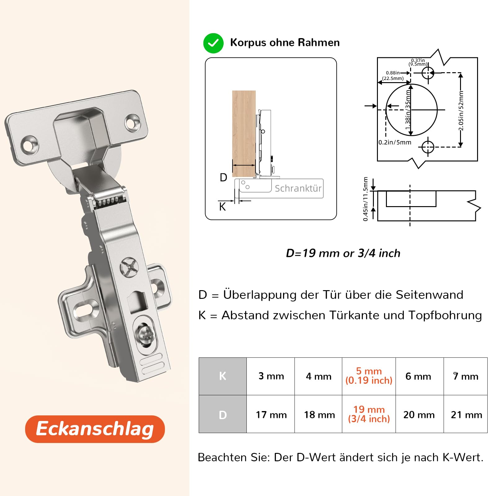 Furniware 2 cerniere ad angolo Softclose, distanza tra i fori di 52 mm, per armadio da cucina, 105 gradi, cerniera a vaso da 35 mm, cerniera per armadio, cerniera per mobili con ammortizzatore