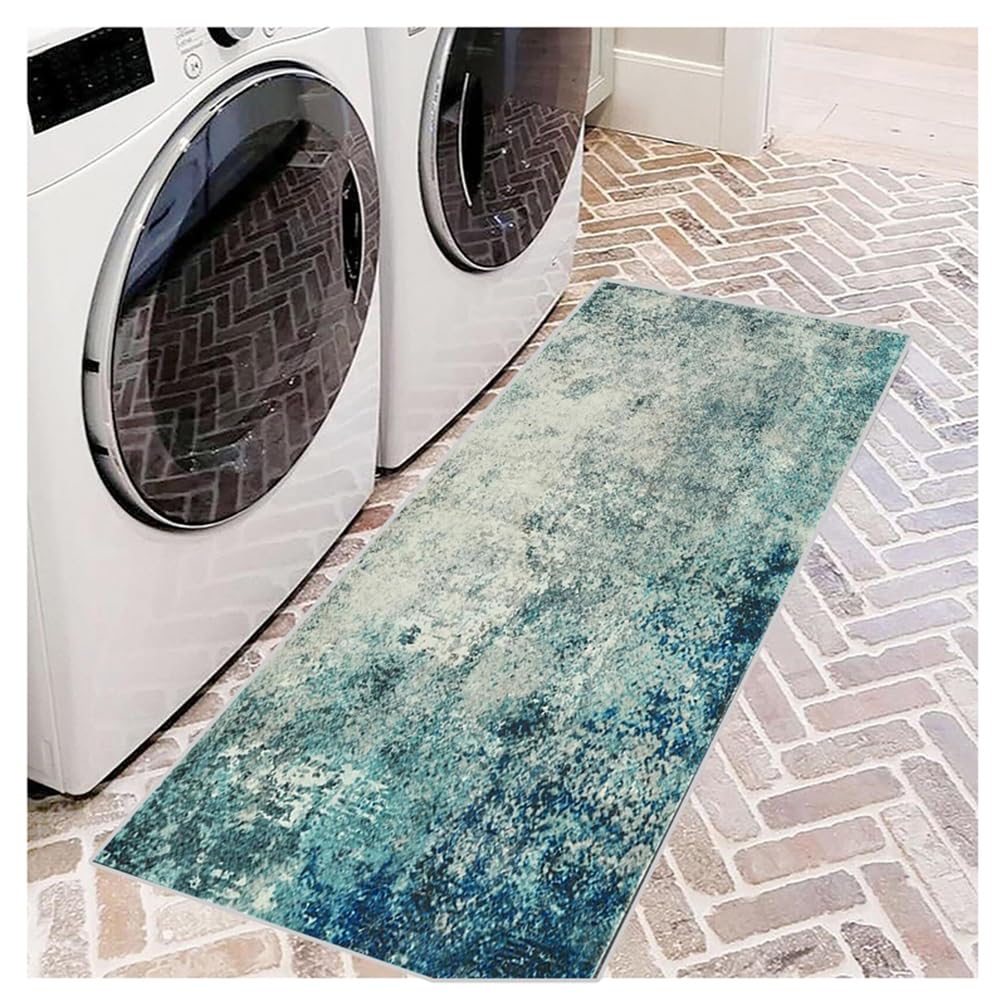 Teppichläufer rutschfest Läufer Flur 60x200cm Bettvorleger Küchenteppich Abstrakt Cyan Grau Waschbar Meterware Schlafzimmer Korridor Teppich Lang, Länge Anpassbare, 60-174cm Breit