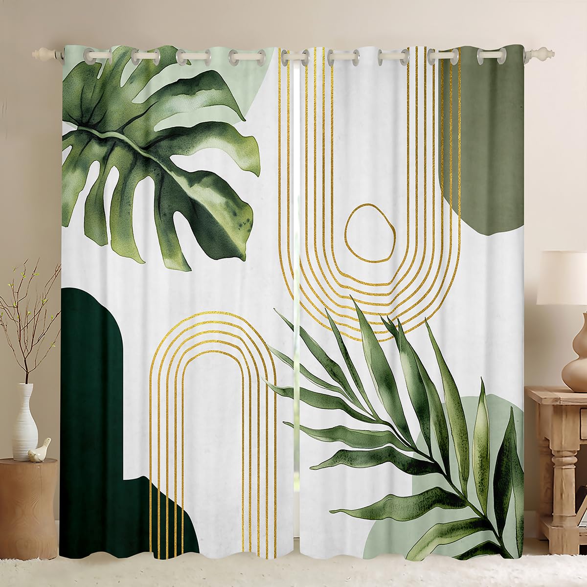 Homewish Green Gold Boho Mid Century Curtains 66 x 90 Inch 2 Panel Sets,Abstract Aesthetic Minimalist Blackout Curtains,Simple Geometric Lines Treatments Drape,Bohemian Tropical Palm Botanical