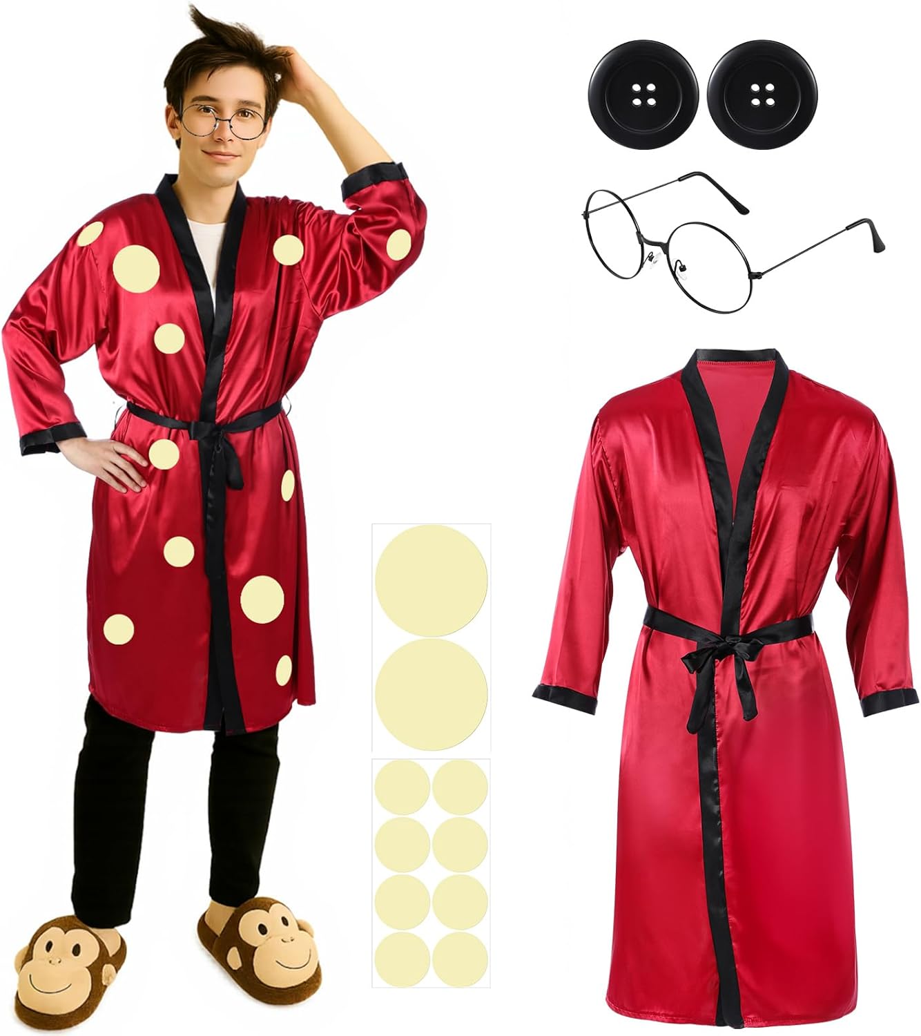 Chicingyou Halloween Father Costume Set Including Button Eyeglasses, Red Silk Robe Jacket, Polka Dot Yellow Sticker Horror Movie Costume for Men Cosplay