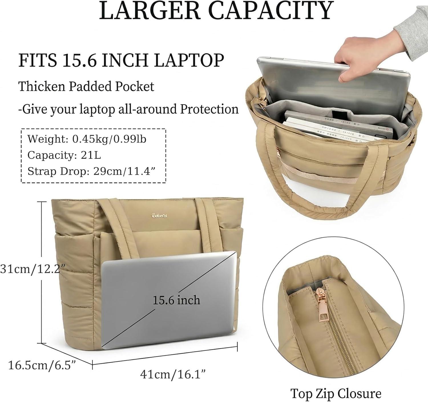 Eslcorri Large Puffer Tote Bag for Women, 21L Quilted Carry-On Purse with Luggage Sleeve, Padded Work Handbag for Travel, Gym
