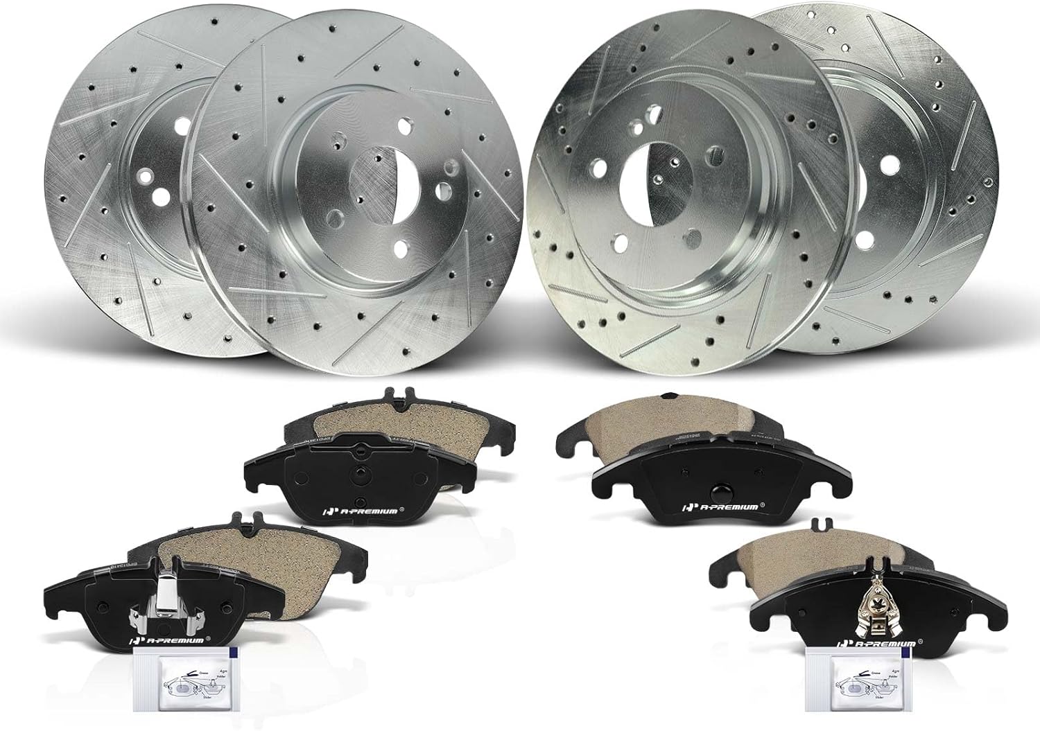 A-Premium Front and Rear Drilled and Slotted Disc Brake Rotors + Ceramic Pads Kit Compatible with Select Mercedes-Benz Models - C300 2013-2014, C350 2008-2015, E350 2010-2014, E400 2017, 12-PC Set