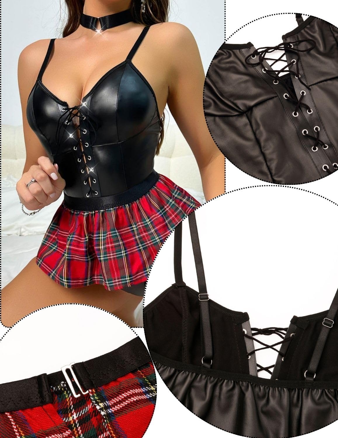 ROSVAJFY Women's Faux Leather Lace Up Corset Bodysuit with Plaid Mini Skirt Sexy Strappy Clubwear Party Dress for Night Out