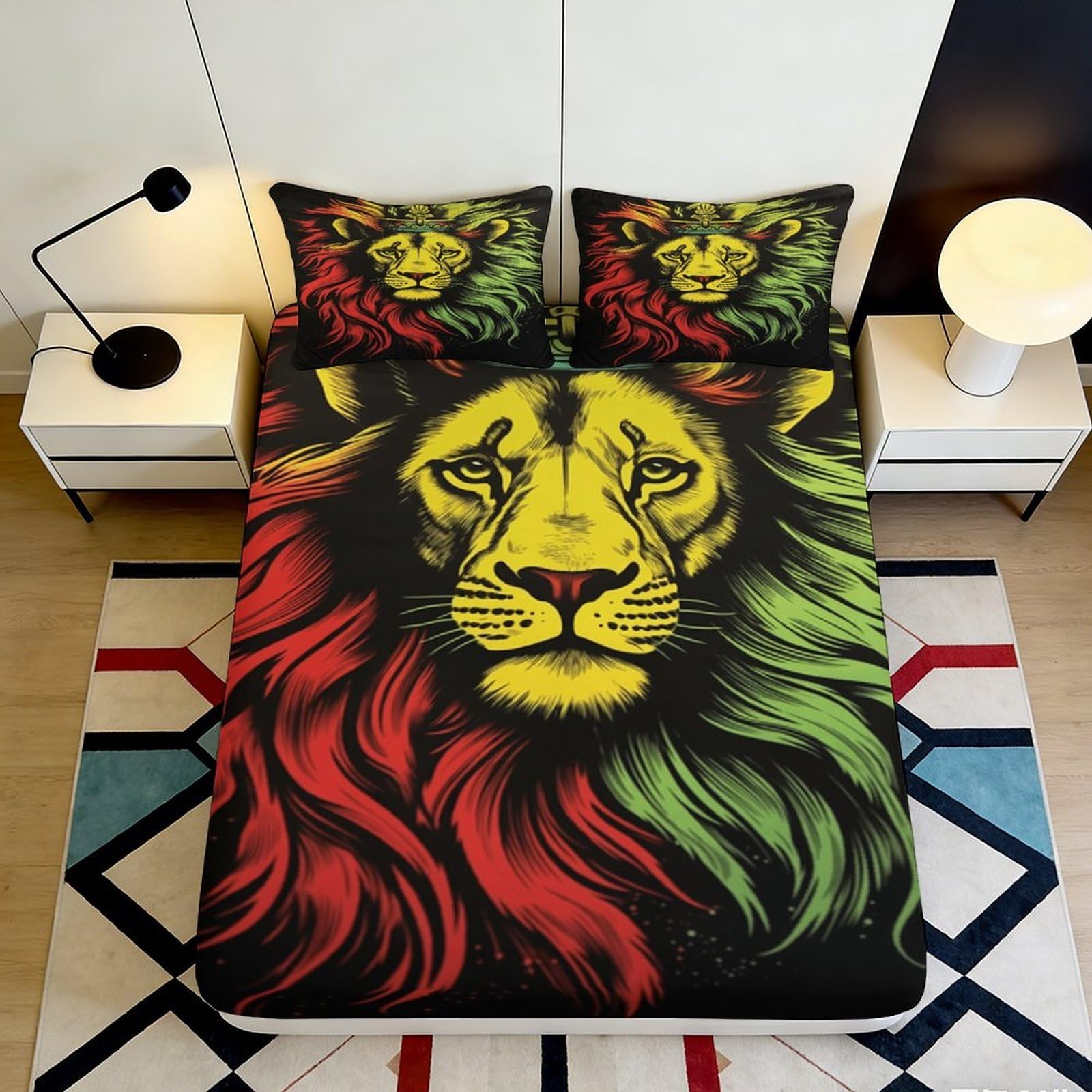 3D Printed Lion Mane Fitted Sheet Microfiber Mattress Cover Rasta Colors Non-Slip Bedroom Decor Machine Washable 180x200x25cm