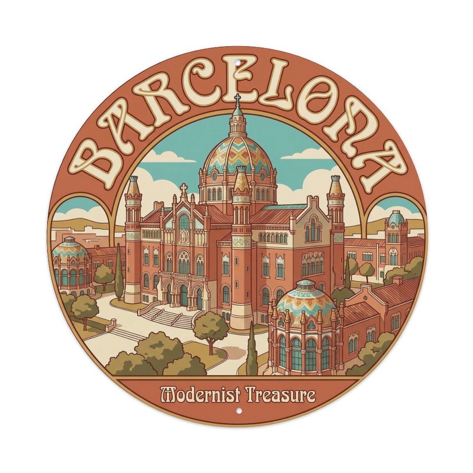 Barcelona Sant Pau Modernist Vintage Travel Landmark Metal Tin Sign Plaque Wall Decor for Cafe, Man Cave, Club Bar, Office, Home Garden Round Metal Poster 8x8Inch