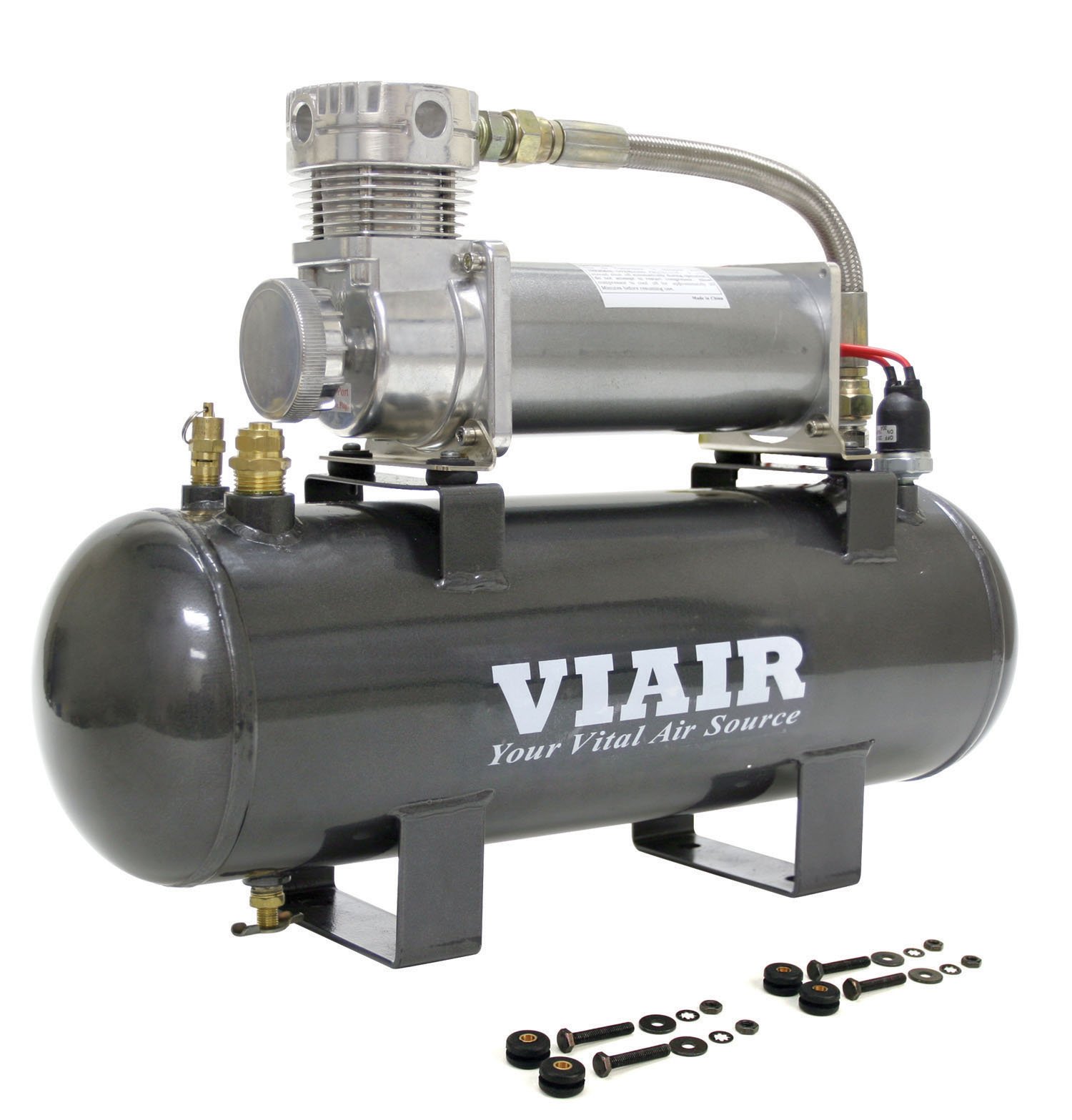 VIAIR 2gal. High-Flow 200 PSI Air Source Kit with 200 PSI Compressor, 2 Gallon Tank, Pre-Wired Pressure Switch, Drain Cock, Safety Valve, Compression