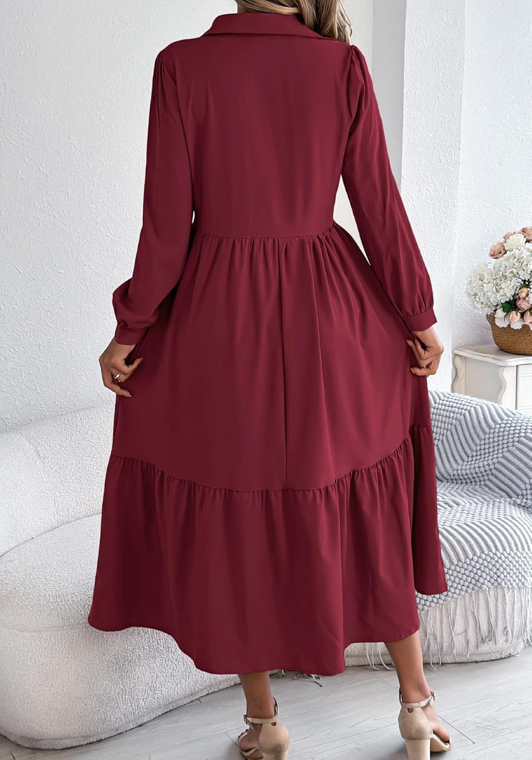 Famnbro Women Casual Shirt Dress Collared Button Down Long Sleeve Ruffle Flowy Maxi Spring Wedding Guest Vacation Dresses - Image 5